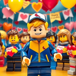 A vibrant scene showcasing a young LEGO boy with dark blonde hair styled in an undercut, dressed in a striking blue and yellow tracksuit, adorned with a Cardinals baseball hat