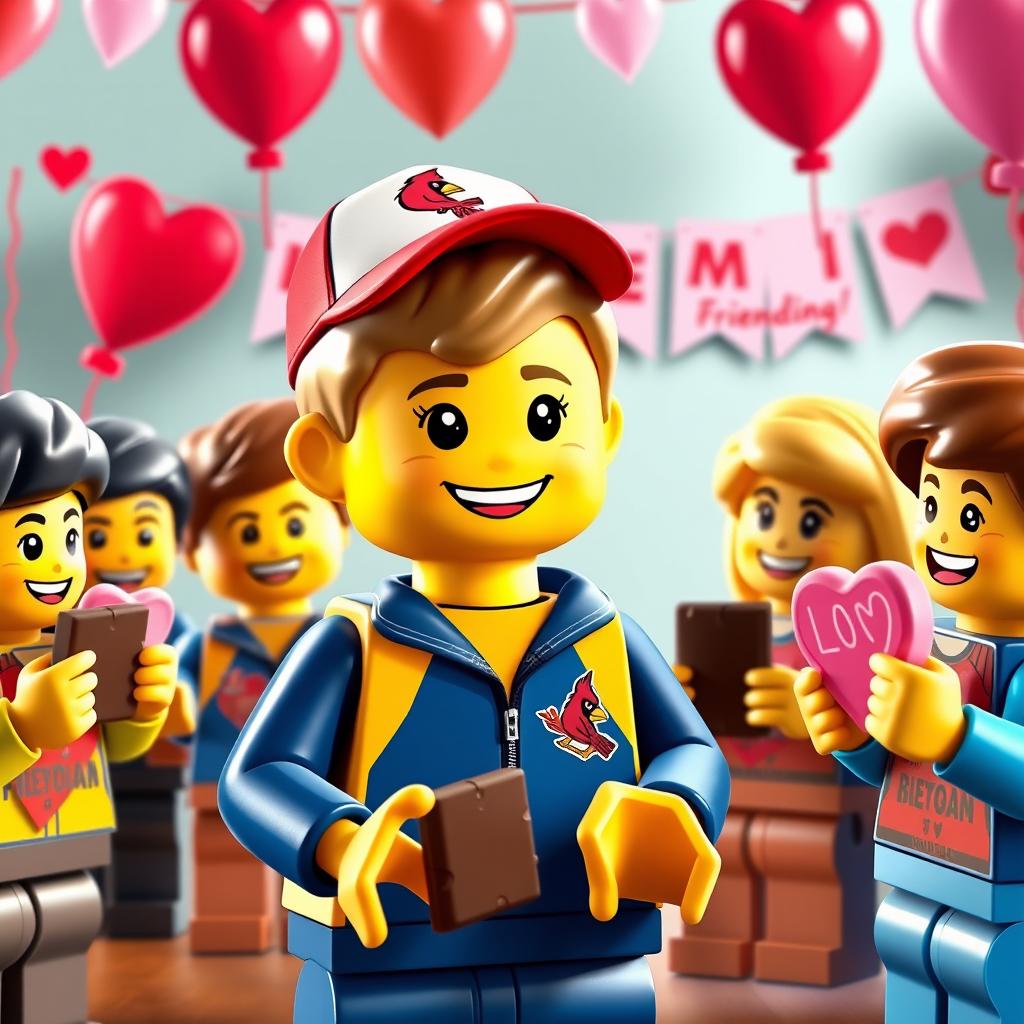 A lively and cheerful scene featuring a young LEGO boy with dark blonde hair styled in an undercut, wearing a blue and yellow tracksuit and a Cardinals baseball hat
