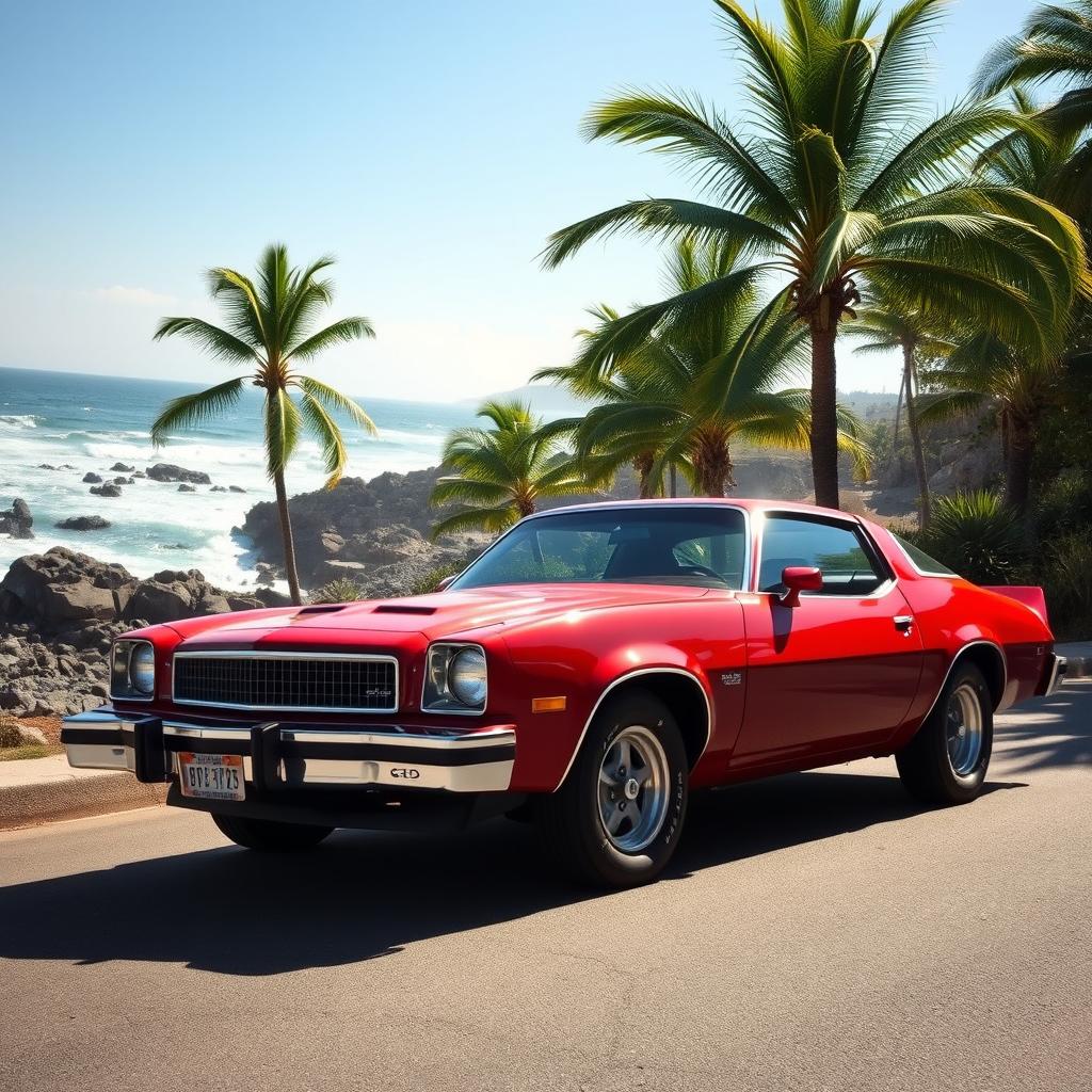 A vintage 1978 muscle car parked on a sunny coastal road, the ocean waves crashing against the rocks in the background