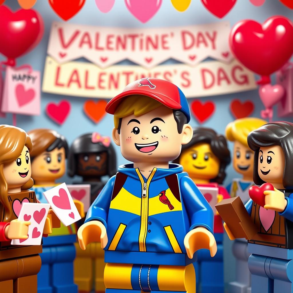 A vibrant and heartwarming scene showcasing a young LEGO boy with dark blonde hair styled in an undercut, wearing a vivid blue and yellow tracksuit and a Cardinals baseball hat