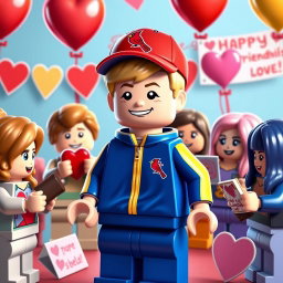 A vibrant and heartwarming scene showcasing a young LEGO boy with dark blonde hair styled in an undercut, wearing a vivid blue and yellow tracksuit and a Cardinals baseball hat