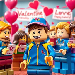 A vibrant and heartwarming scene showcasing a young LEGO boy with dark blonde hair styled in an undercut, wearing a vivid blue and yellow tracksuit and a Cardinals baseball hat
