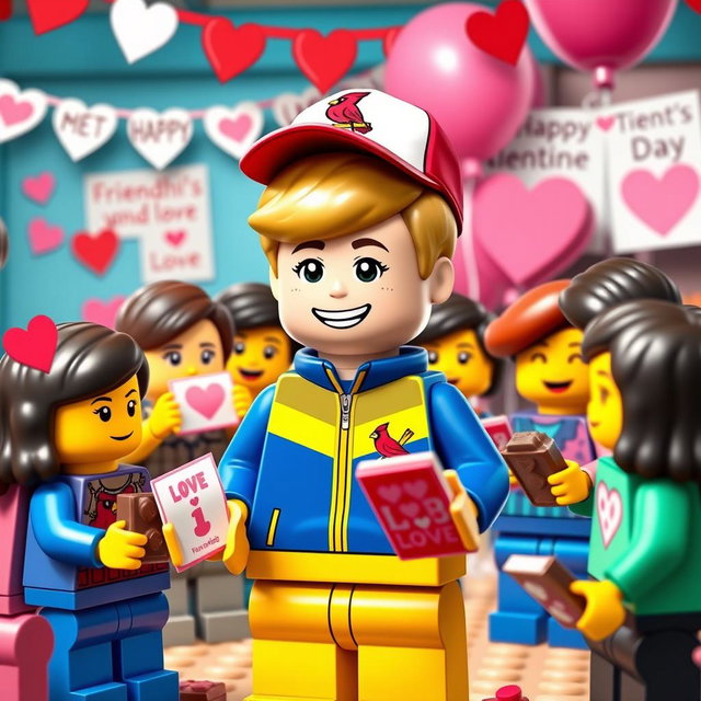 A vibrant and heartwarming scene showcasing a young LEGO boy with dark blonde hair styled in an undercut, wearing a vivid blue and yellow tracksuit and a Cardinals baseball hat