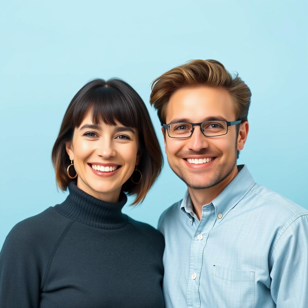 A portrait of two people together, smiling warmly at the camera, against a light sky blue background