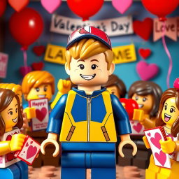 A lively and festive scene featuring a young LEGO boy with dark blonde hair styled in an undercut, dressed in a vibrant blue and yellow tracksuit and a Cardinals baseball hat