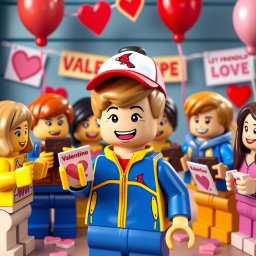 A lively and festive scene featuring a young LEGO boy with dark blonde hair styled in an undercut, dressed in a vibrant blue and yellow tracksuit and a Cardinals baseball hat