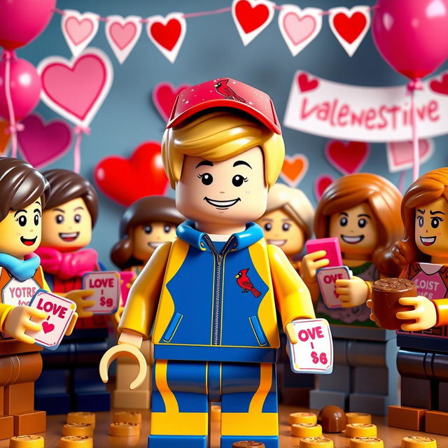 A lively and festive scene featuring a young LEGO boy with dark blonde hair styled in an undercut, dressed in a vibrant blue and yellow tracksuit and a Cardinals baseball hat