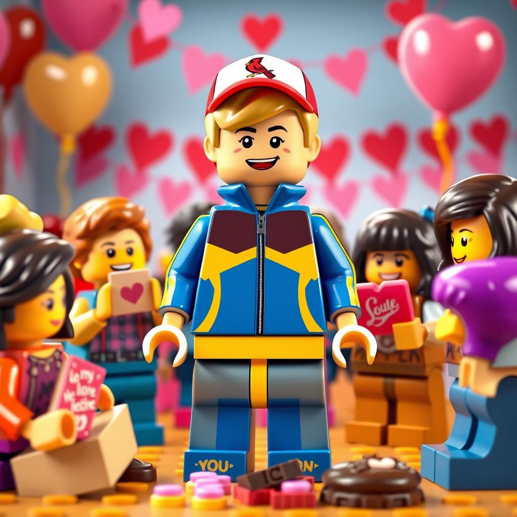 A lively and festive scene featuring a young LEGO boy with dark blonde hair styled in an undercut, dressed in a vibrant blue and yellow tracksuit and a Cardinals baseball hat