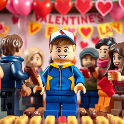 A fun and vibrant scene featuring a young LEGO boy with dark blonde hair styled in an undercut, wearing a bright blue and yellow tracksuit along with a Cardinals baseball hat