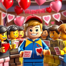 A fun and vibrant scene featuring a young LEGO boy with dark blonde hair styled in an undercut, wearing a bright blue and yellow tracksuit along with a Cardinals baseball hat