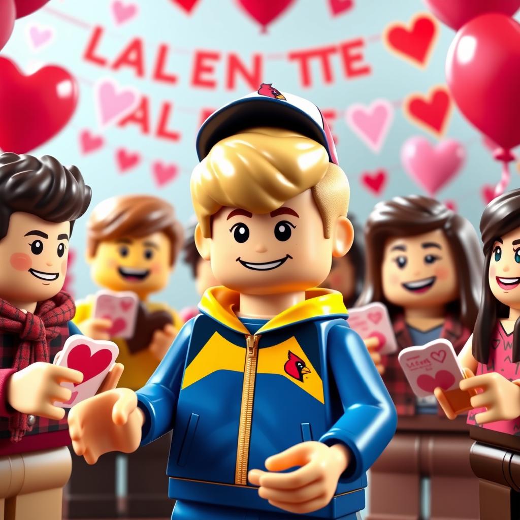 A fun and vibrant scene featuring a young LEGO boy with dark blonde hair styled in an undercut, wearing a bright blue and yellow tracksuit along with a Cardinals baseball hat