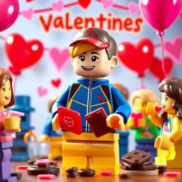 A fun and vibrant scene featuring a young LEGO boy with dark blonde hair styled in an undercut, wearing a bright blue and yellow tracksuit along with a Cardinals baseball hat