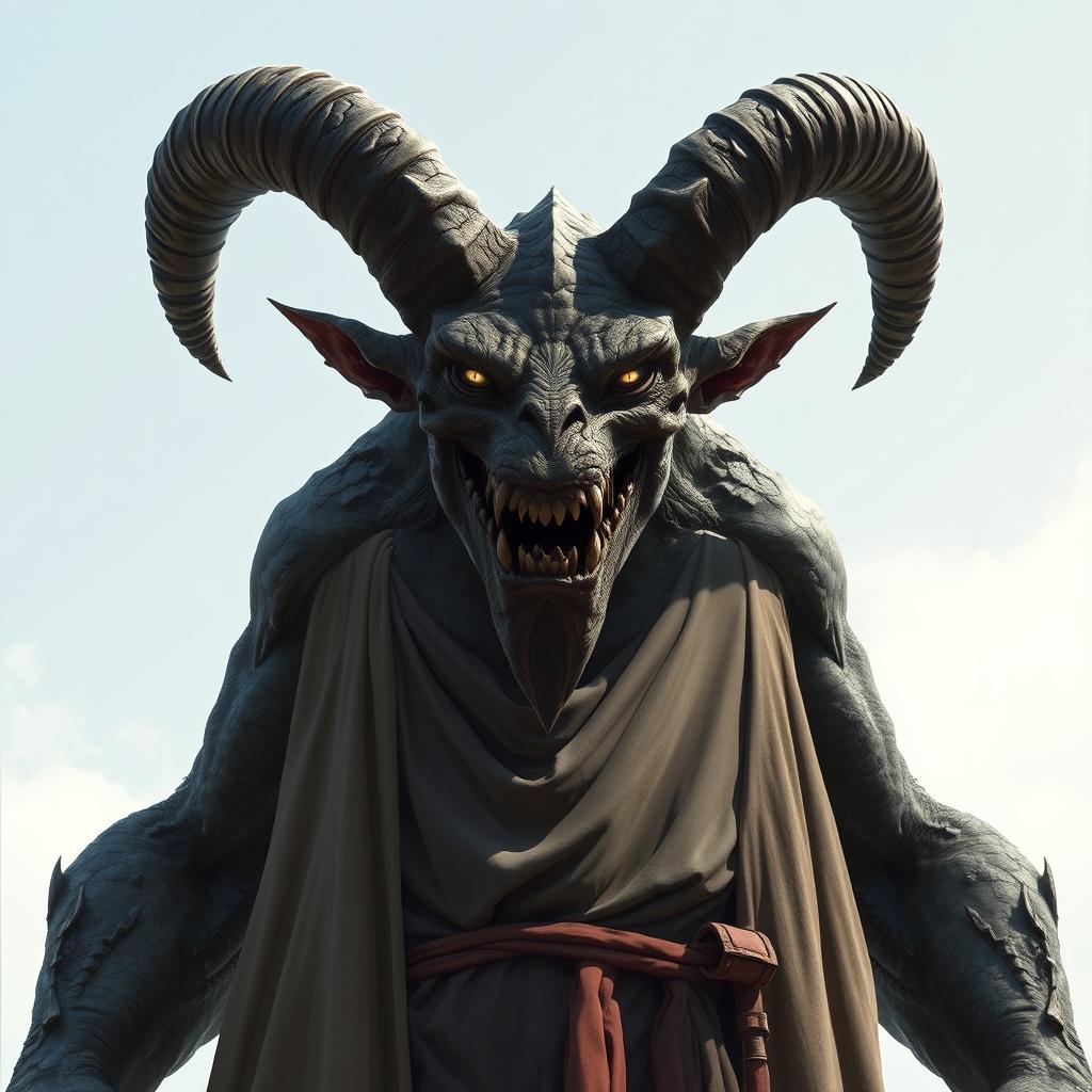 A towering Drubnid demon standing between 16 to 18 feet tall, showcasing sickly dark-grey, sandpaper-textured skin