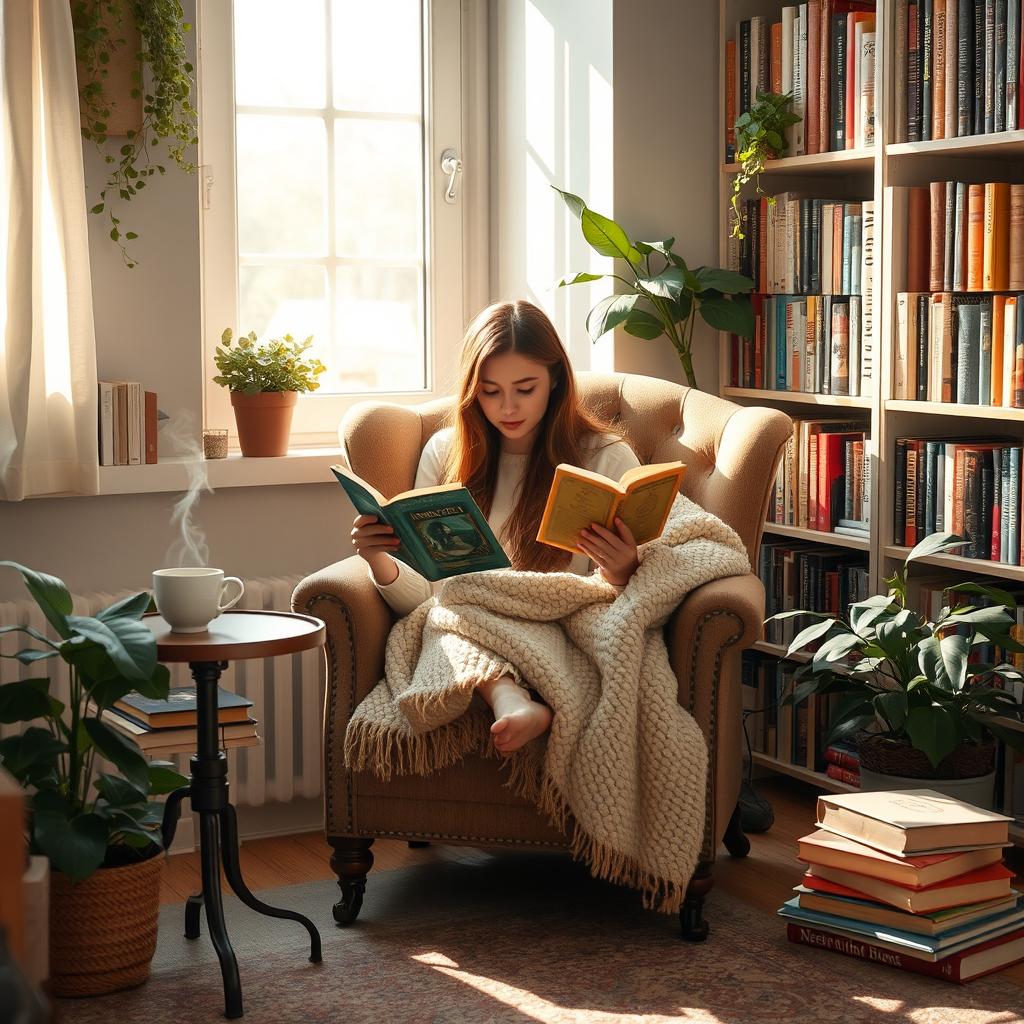 A serene scene of a person comfortably reading books in a cozy corner of a softly lit room