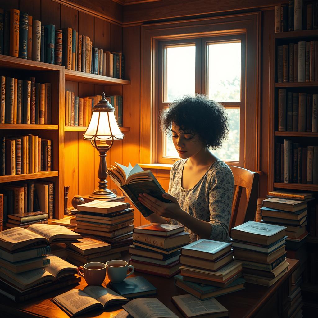 An enchanting scene of a person deeply immersed in reading a stack of books