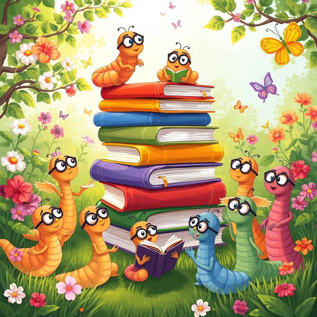 A whimsical and colorful illustration of bookworms gathering around a giant, towering stack of books in a lush, green garden