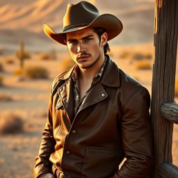 A sensual portrait of a young man reminiscent of Jesse James, dressed in a vintage Western outfit that includes a fitted leather jacket and cowboy hat
