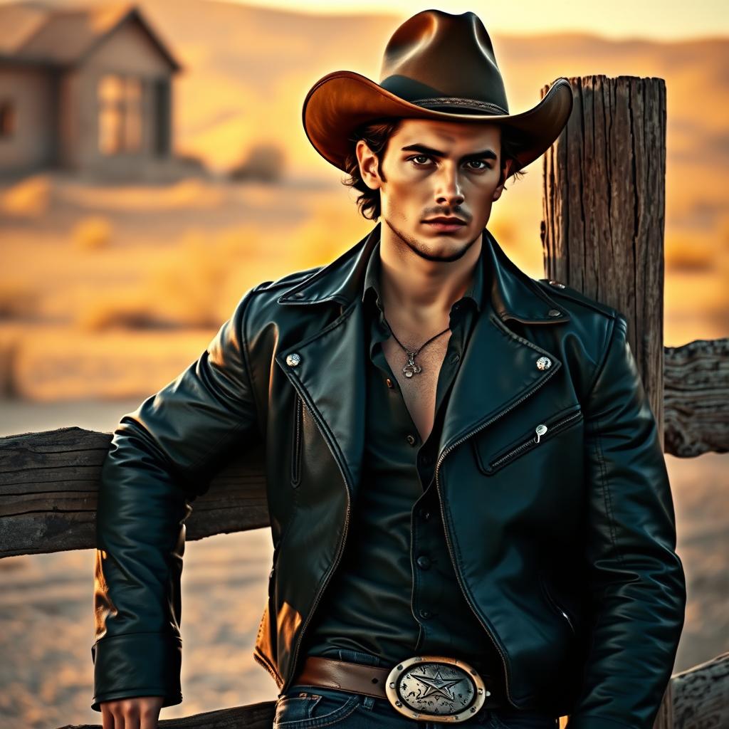 A sensual portrait of a young man reminiscent of Jesse James, dressed in a vintage Western outfit that includes a fitted leather jacket and cowboy hat