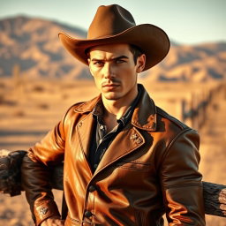 A sensual portrait of a young man reminiscent of Jesse James, dressed in a vintage Western outfit that includes a fitted leather jacket and cowboy hat
