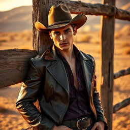 A sensual portrait of a young man reminiscent of Jesse James, dressed in a vintage Western outfit that includes a fitted leather jacket and cowboy hat