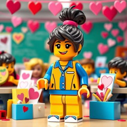 A cheerful and engaging scene featuring a LEGO teacher with dark hair stylishly tied up in a messy bun