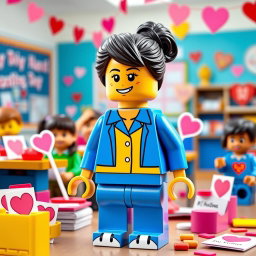 A cheerful and engaging scene featuring a LEGO teacher with dark hair stylishly tied up in a messy bun