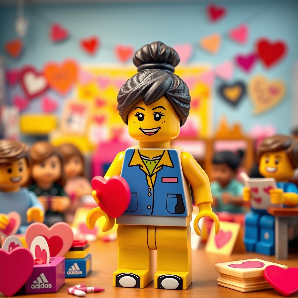 A cheerful and engaging scene featuring a LEGO teacher with dark hair stylishly tied up in a messy bun