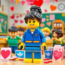 A cheerful and engaging scene featuring a LEGO teacher with dark hair stylishly tied up in a messy bun