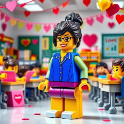 A vibrant and cheerful scene featuring a LEGO teacher lady with dark hair styled in a messy bun