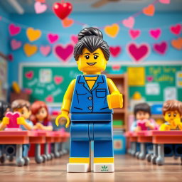 A vibrant and cheerful scene featuring a LEGO teacher lady with dark hair styled in a messy bun