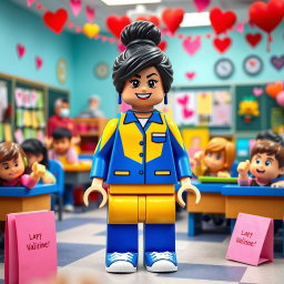 A vibrant and cheerful scene featuring a LEGO teacher lady with dark hair styled in a messy bun