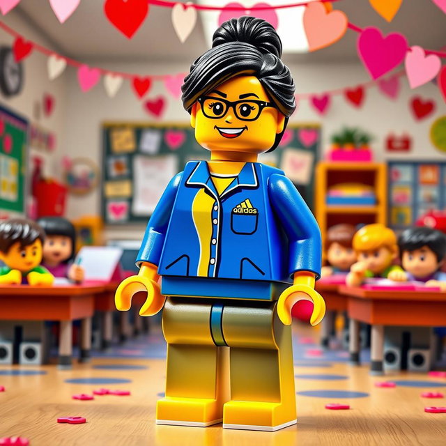 A vibrant and cheerful scene featuring a LEGO teacher lady with dark hair styled in a messy bun