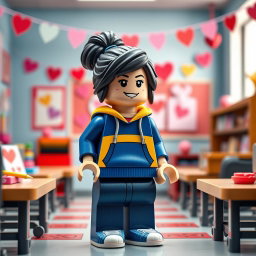 A lively and inviting scene featuring a LEGO teacher lady with dark hair styled in a messy bun