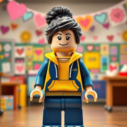 A lively and inviting scene featuring a LEGO teacher lady with dark hair styled in a messy bun