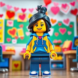 A lively and inviting scene featuring a LEGO teacher lady with dark hair styled in a messy bun