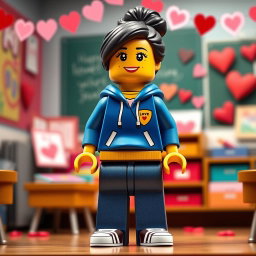 A lively and inviting scene featuring a LEGO teacher lady with dark hair styled in a messy bun