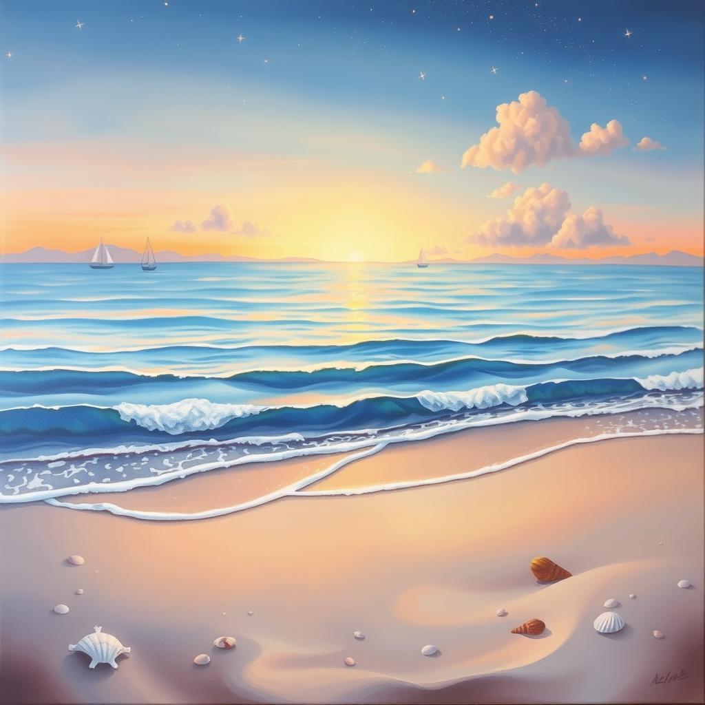 A beautiful seascape painting depicting a serene ocean view with gentle waves lapping at the shore