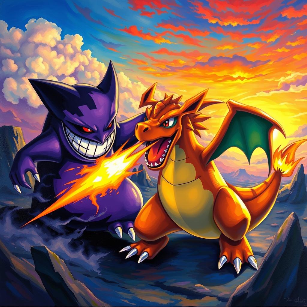 An imaginative and vibrant acrylic painting featuring two iconic Pokémon, Gengar and Charizard, engaged in an exciting battle scene