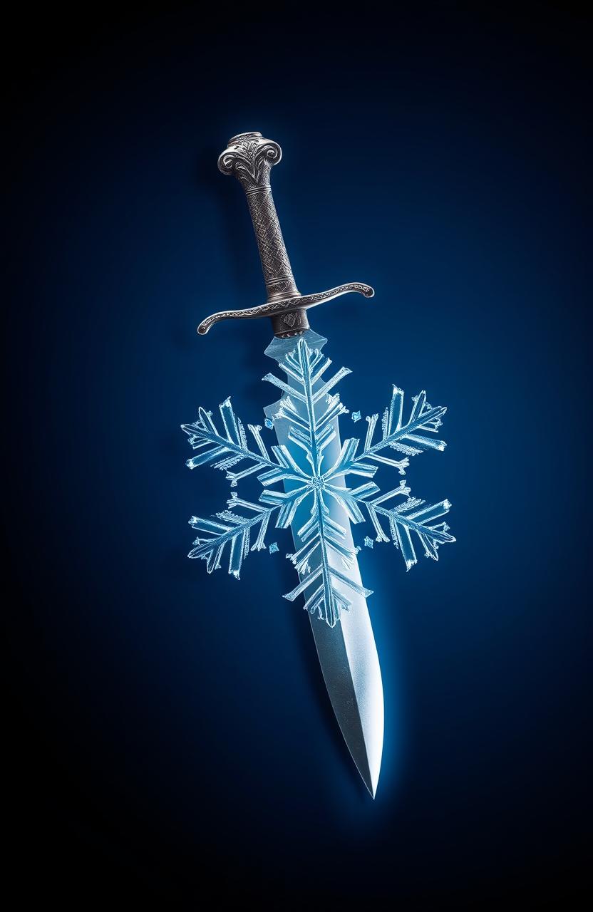 A striking book cover design featuring a sharp, intricately designed dagger juxtaposed against a delicate, intricate snowflake