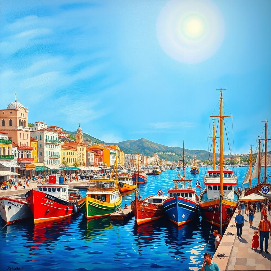 A detailed and vibrant depiction of the Port of Piraeus, showcasing the lively atmosphere of the harbor