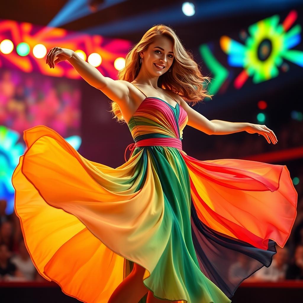 A stunning woman performing an elegant dance on a vibrant stage, wearing a flowing, colorful dress that billows around her as she moves