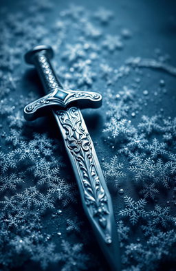 An intricate book cover design featuring a beautifully detailed silver dagger lying on a bed of sparkling snowflakes