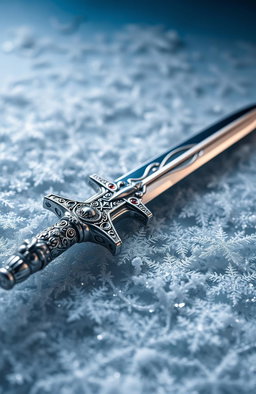 An intricate book cover design featuring a beautifully detailed silver dagger lying on a bed of sparkling snowflakes