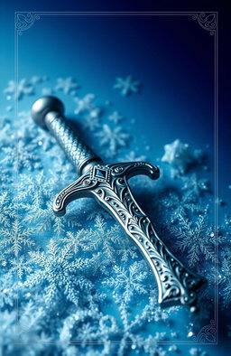 An intricate book cover design featuring a beautifully detailed silver dagger lying on a bed of sparkling snowflakes