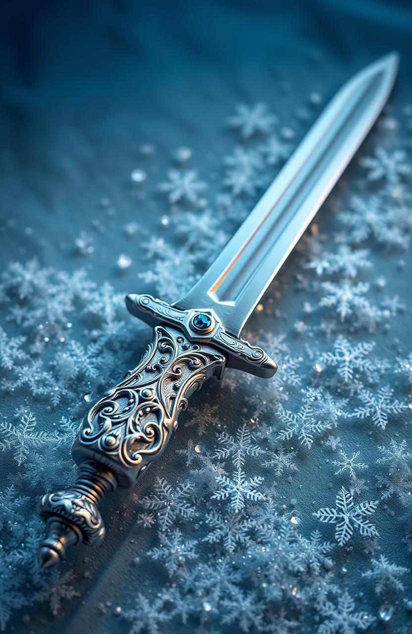 An intricate book cover design featuring a beautifully detailed silver dagger lying on a bed of sparkling snowflakes