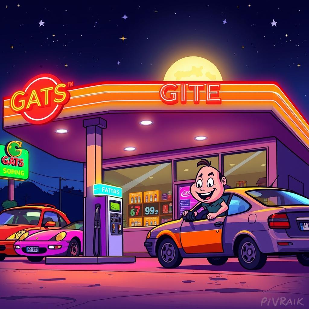 A vibrant cartoon scene of a gas station illuminated at night, with colorful neon signs glowing, a clear starry sky overhead, animated cars parked at the pumps, and a cheerful character filling up a car, with exaggerated features and expressions