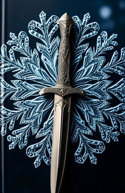 A visually striking book cover featuring a beautifully detailed dagger with an intricate hilt, showcasing ornate engravings and a shimmering blade, placed against a backdrop of a large, delicate snowflake that is finely detailed with intricate patterns and sparkling textures