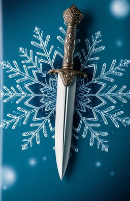 A visually striking book cover featuring a beautifully detailed dagger with an intricate hilt, showcasing ornate engravings and a shimmering blade, placed against a backdrop of a large, delicate snowflake that is finely detailed with intricate patterns and sparkling textures