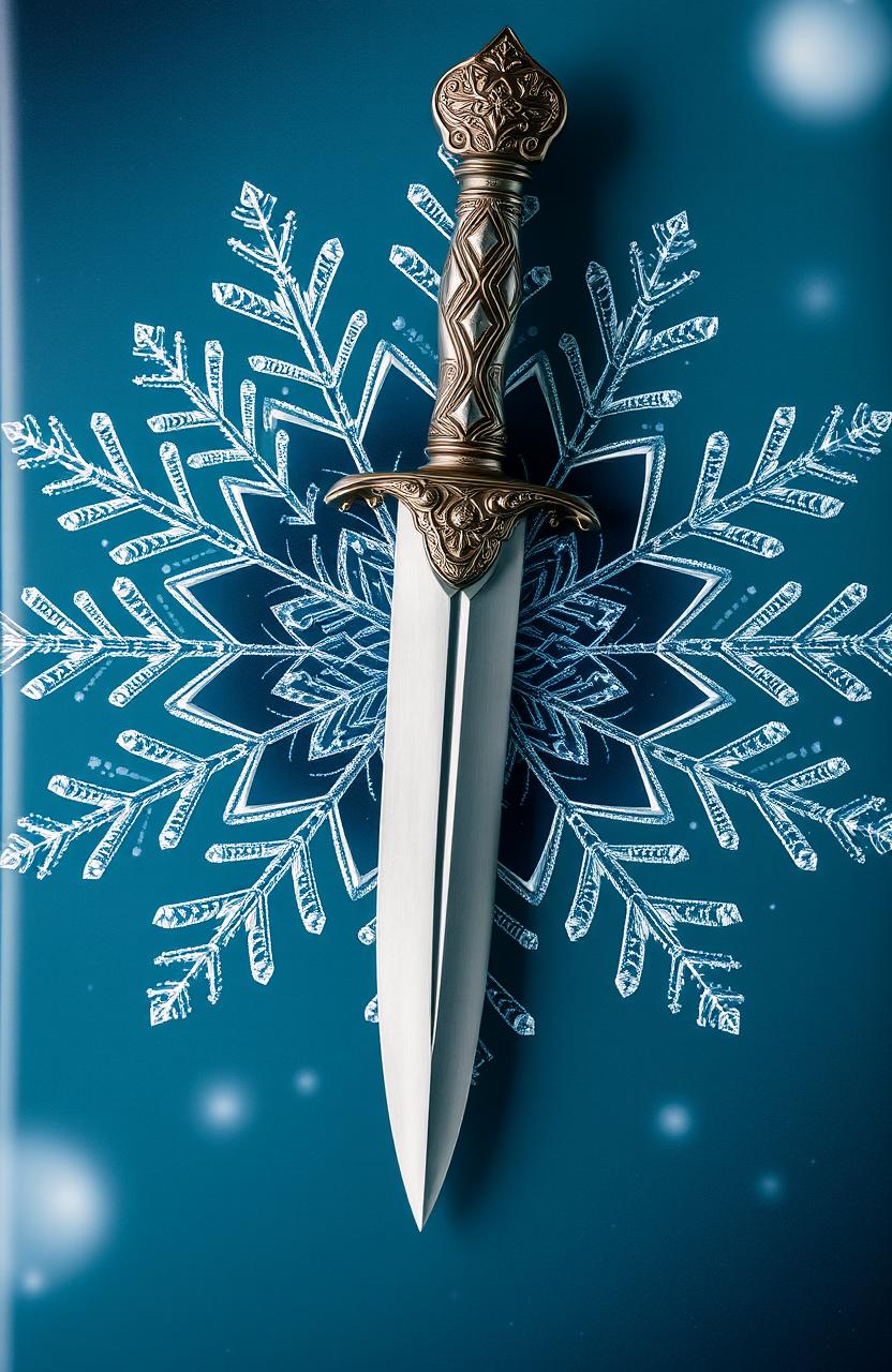 A visually striking book cover featuring a beautifully detailed dagger with an intricate hilt, showcasing ornate engravings and a shimmering blade, placed against a backdrop of a large, delicate snowflake that is finely detailed with intricate patterns and sparkling textures