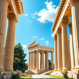 An ancient Greek temple, showcasing intricate architectural details, majestic columns, and classical sculptures